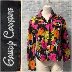 Candy Couture Womens M Floral Print Denim Jacket Colorful Flowers Sequins